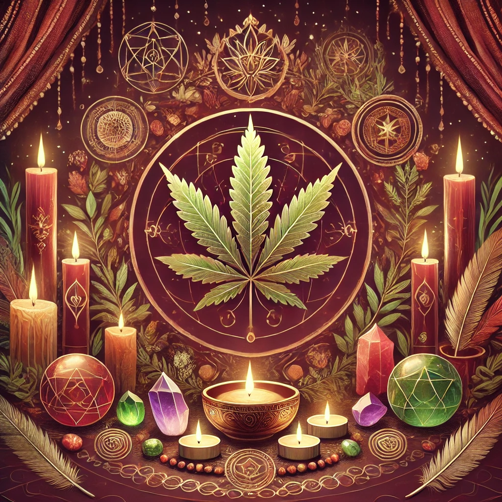 cannabis leaf ceremony with crystals candles feathers