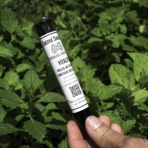 hand holding a tube of rolled joints in a bush of lemon balm